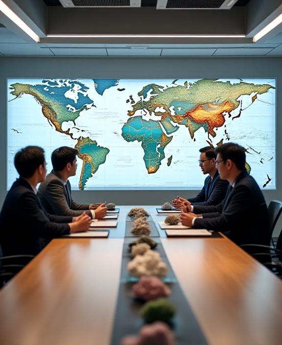 A modern Japanese office meeting room with large geological maps and mineral samples on display.