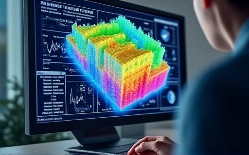 A computer screen showing complex 3D geological survey data.