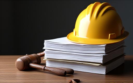 A stack of official legal documents with a gavel and a hard hat.